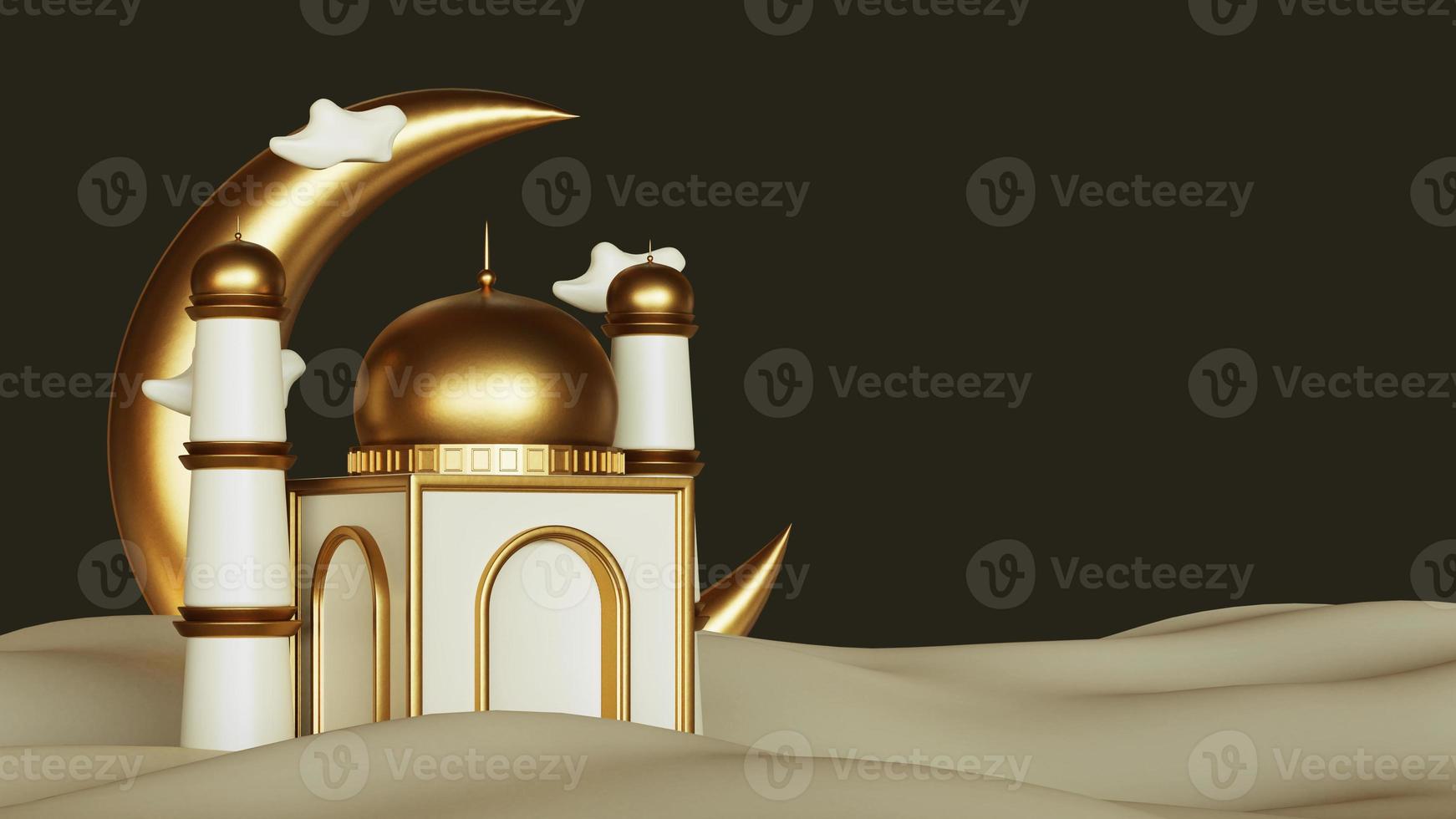 fondo de saludos de ramadan kareem con mezquita decorativa en el podio, islámica 3d realista foto