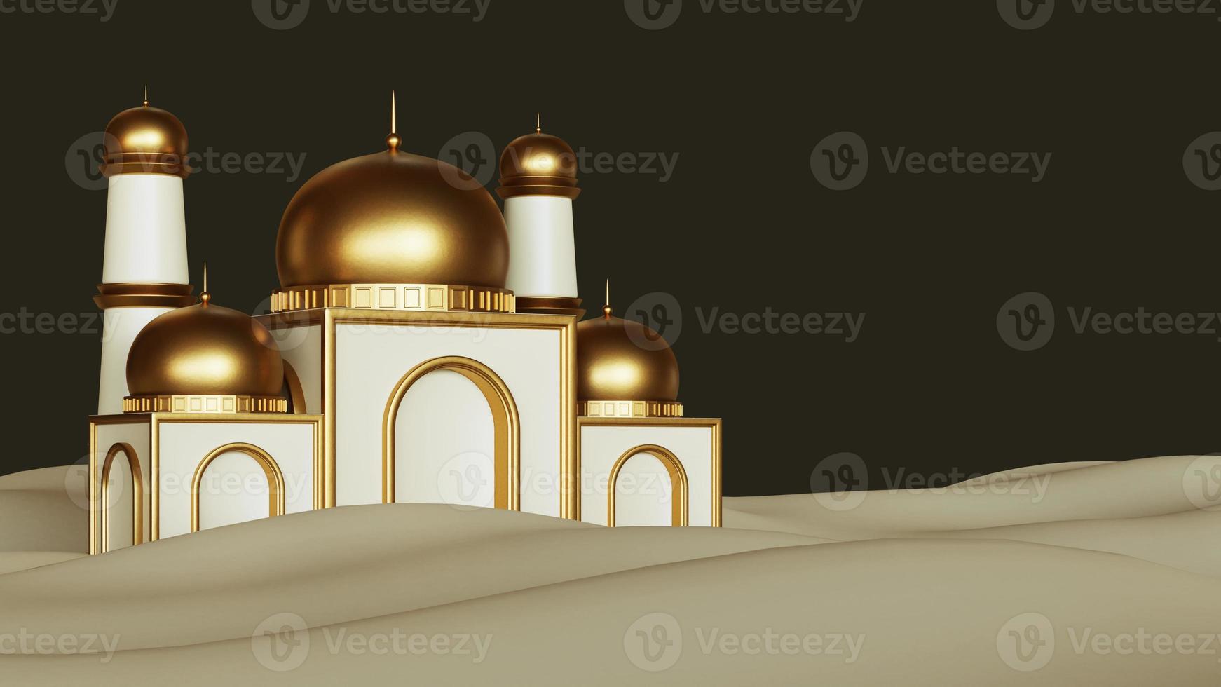 fondo de saludos de ramadan kareem con mezquita decorativa en el podio, islámica 3d realista foto