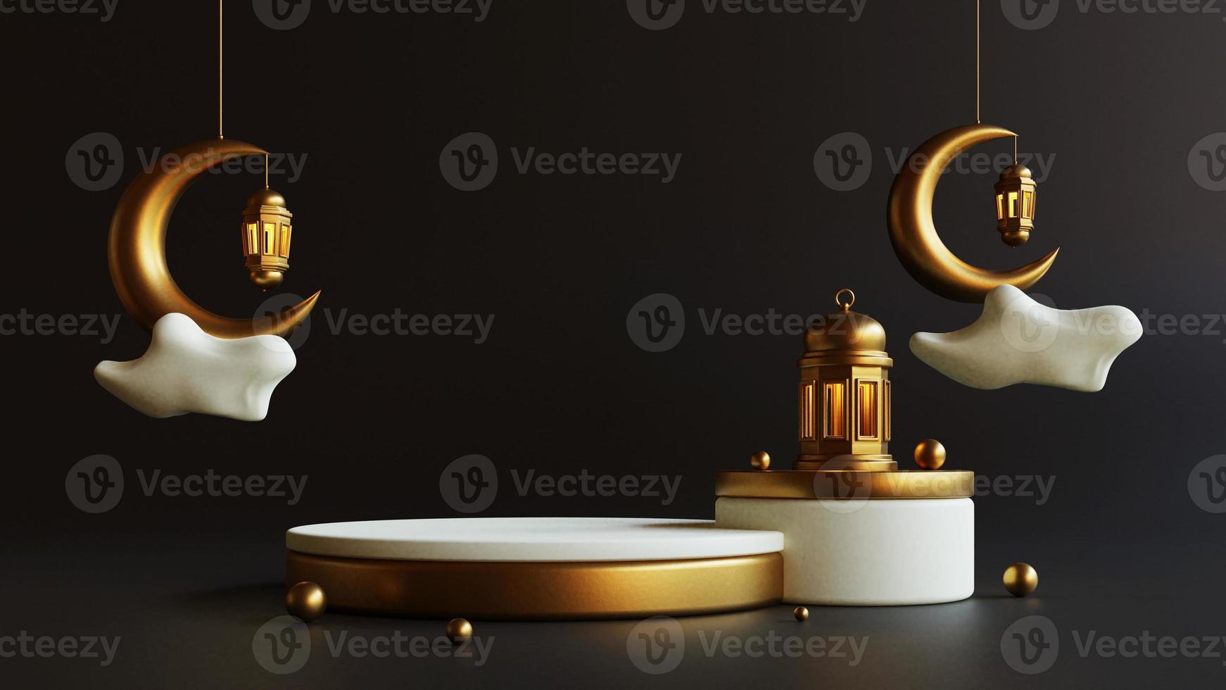Ramadan kareem islamic greeting background with lantern on podium and crescent moon photo