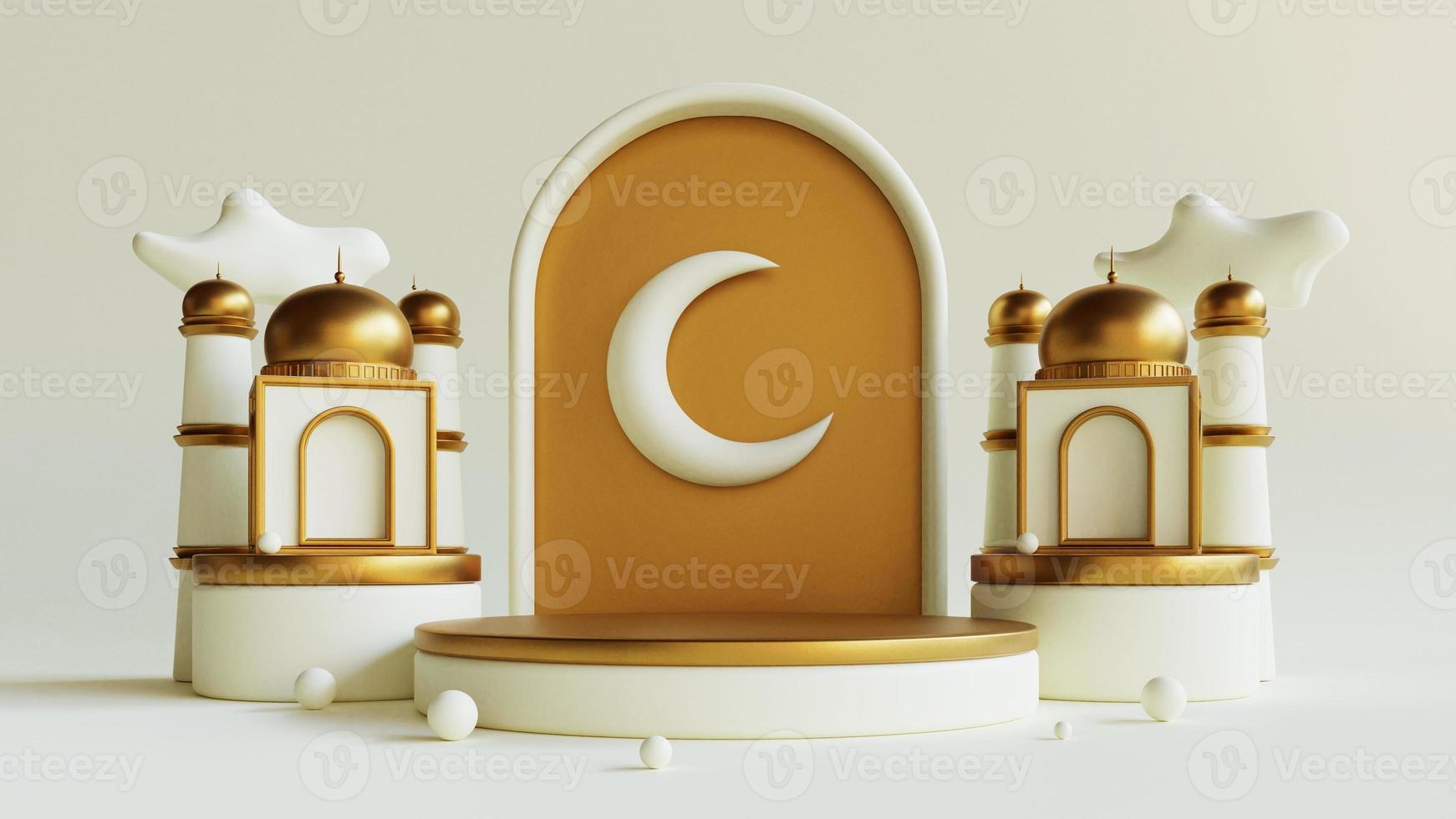 Ramadan kareem islamic greeting background with lantern on podium, mosque and crescent moon photo