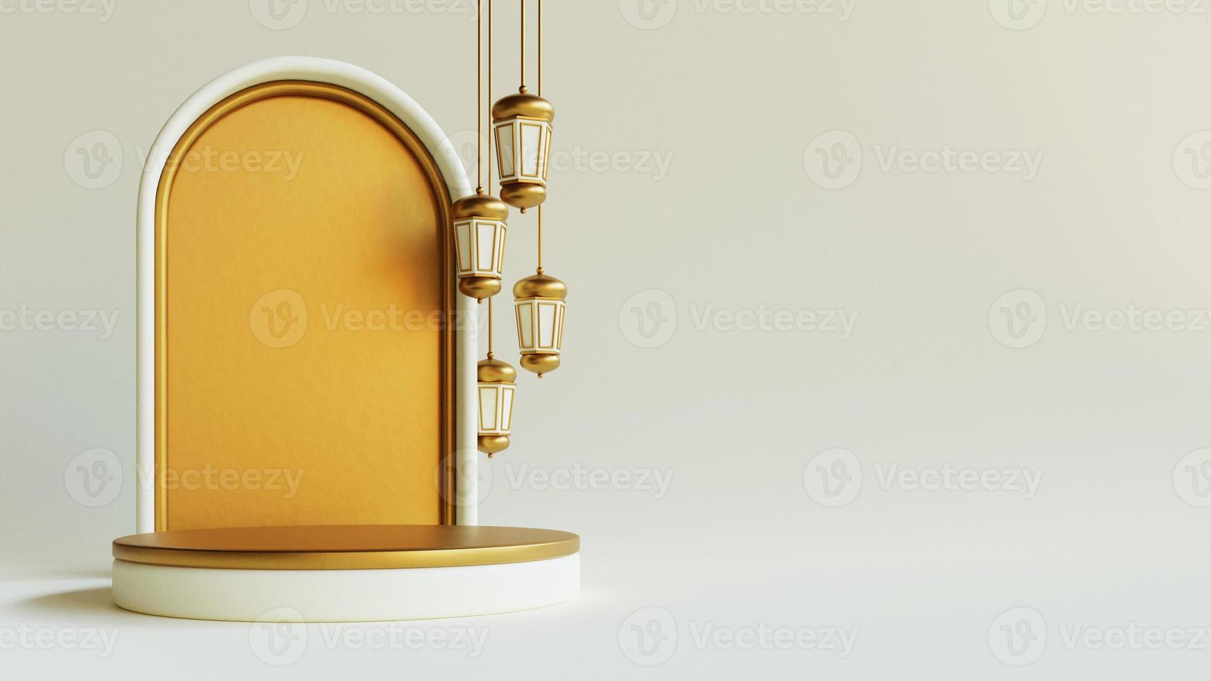 Ramadan kareem islamic greeting background with golden lantern on elegant podium photo