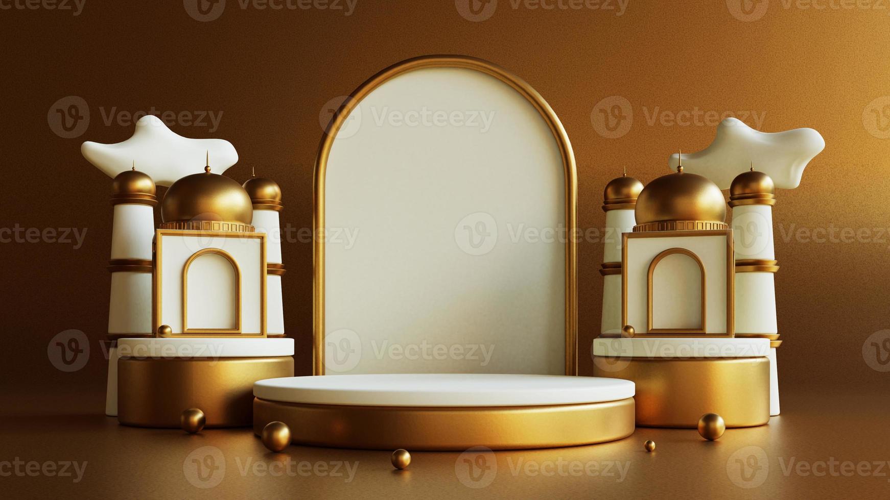 Ramadan kareem islamic greeting background with gold mosque on podium photo