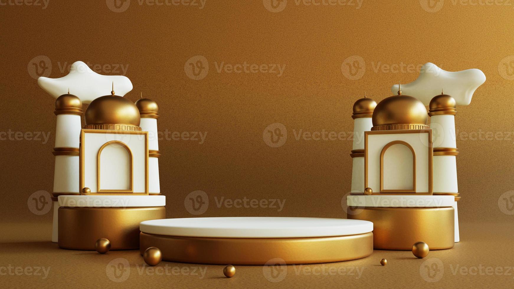 fondo de saludo islámico ramadan kareem con mezquita dorada en el podio foto