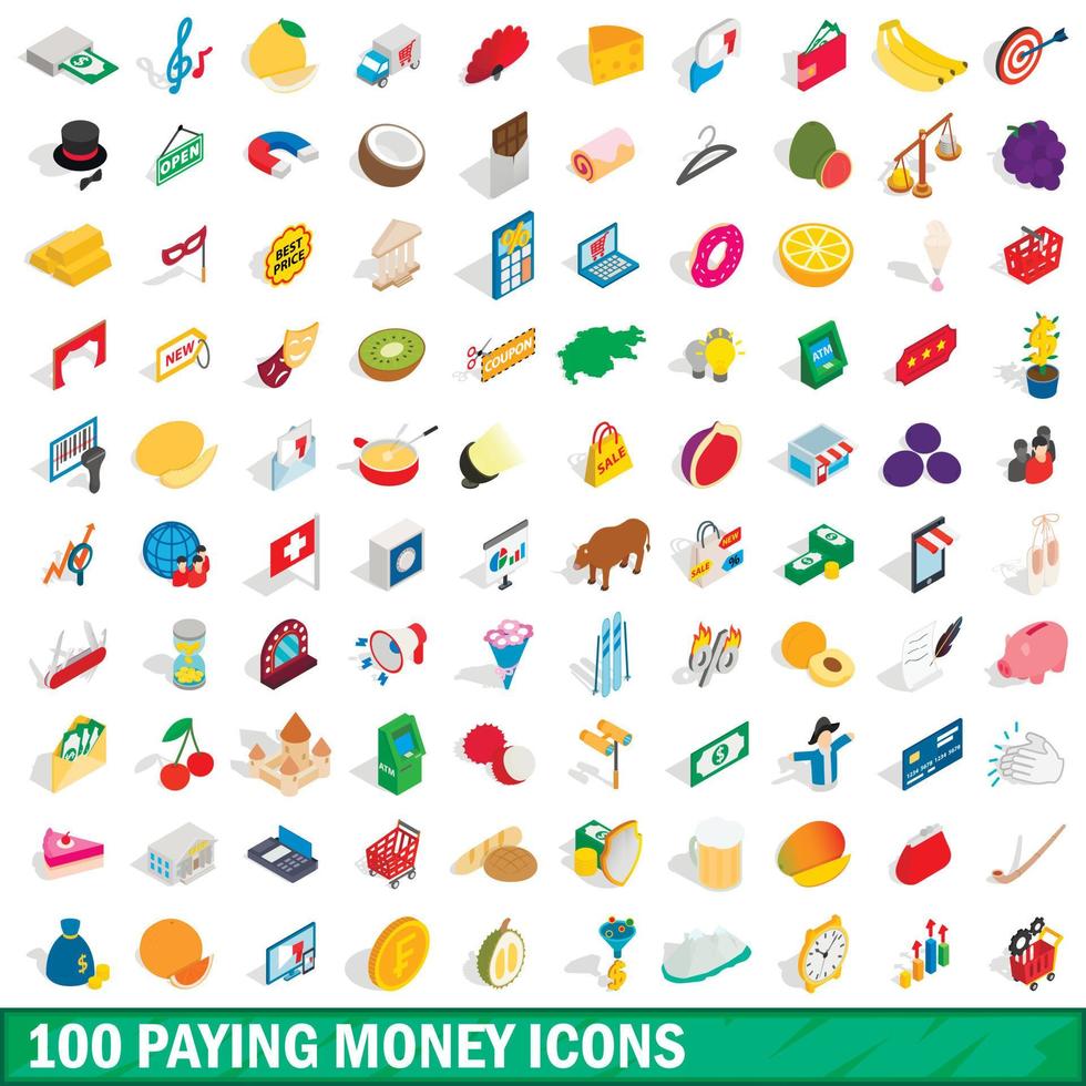 100 paying money icons set, isometric 3d style vector