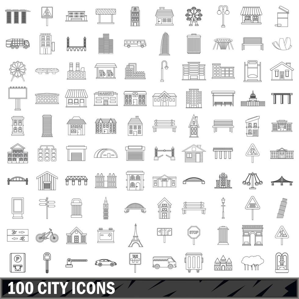 100 city icons set, outline style vector