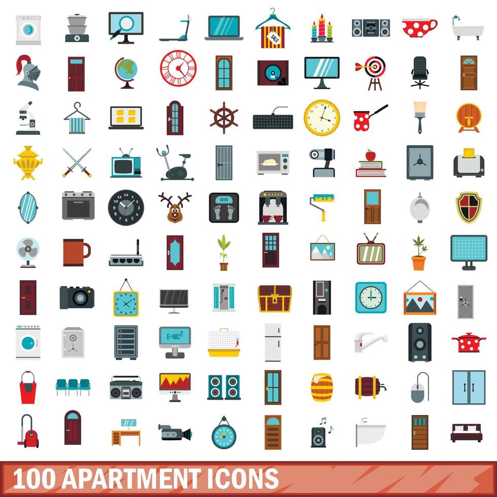 100 apartment icons set, flat style vector