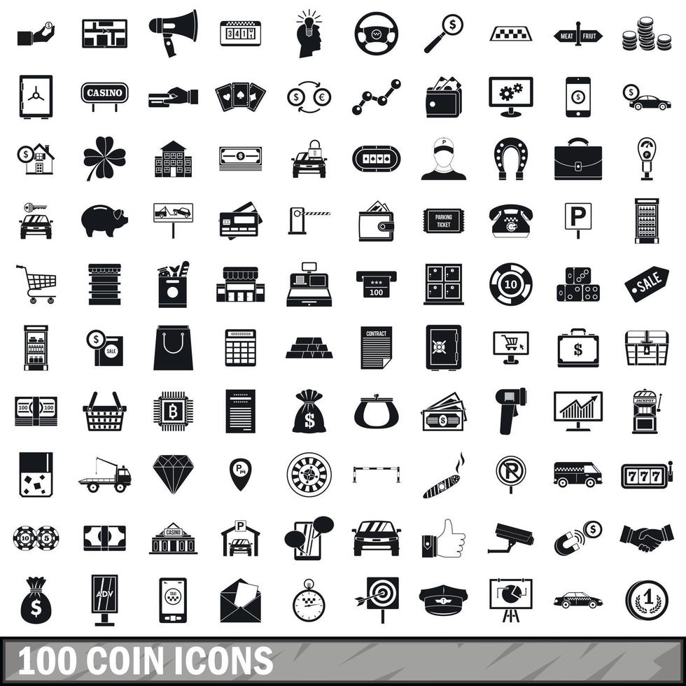 100 coin icons set, simple style vector