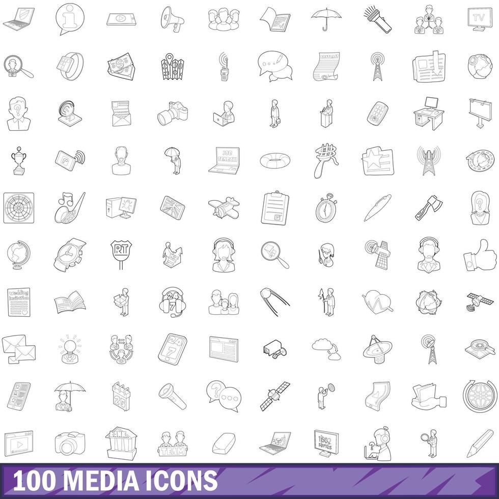 100 media icons set, outline style vector