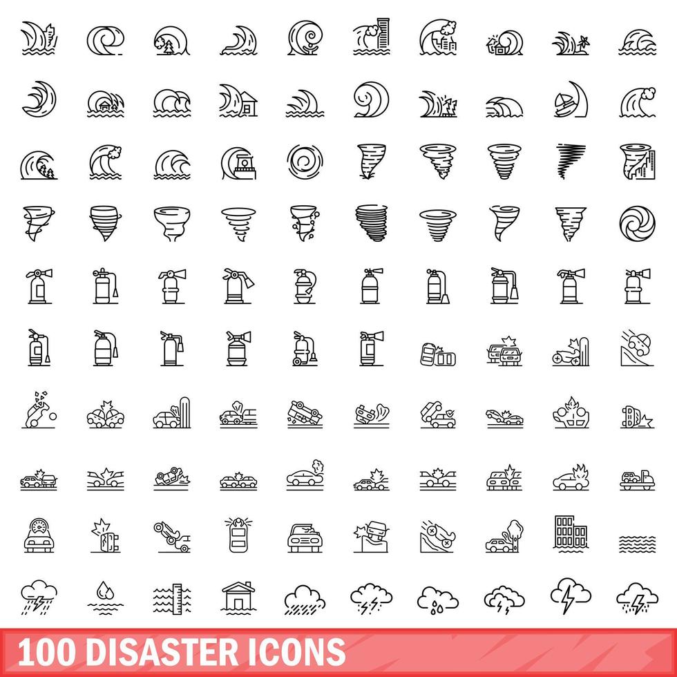 100 iconos de desastres establecidos, estilo de esquema vector