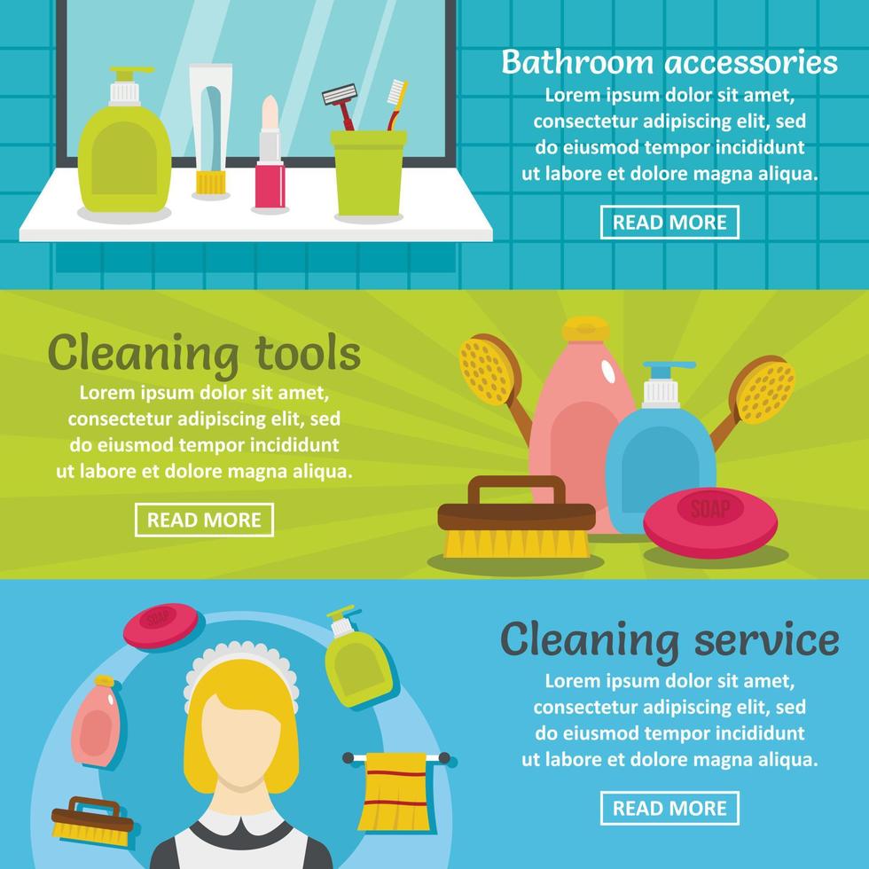 Cleaning hygiene banner horizontal set, flat style vector