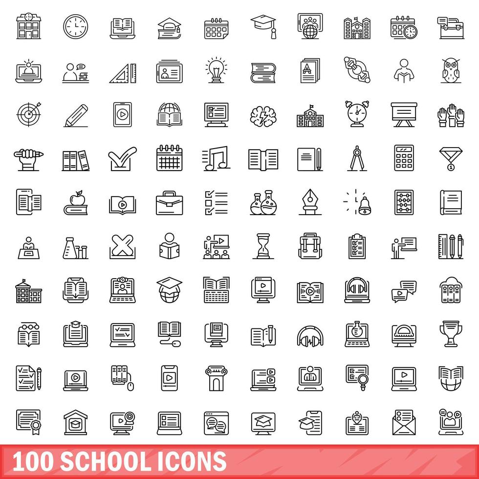 100 iconos escolares establecidos, estilo de esquema vector