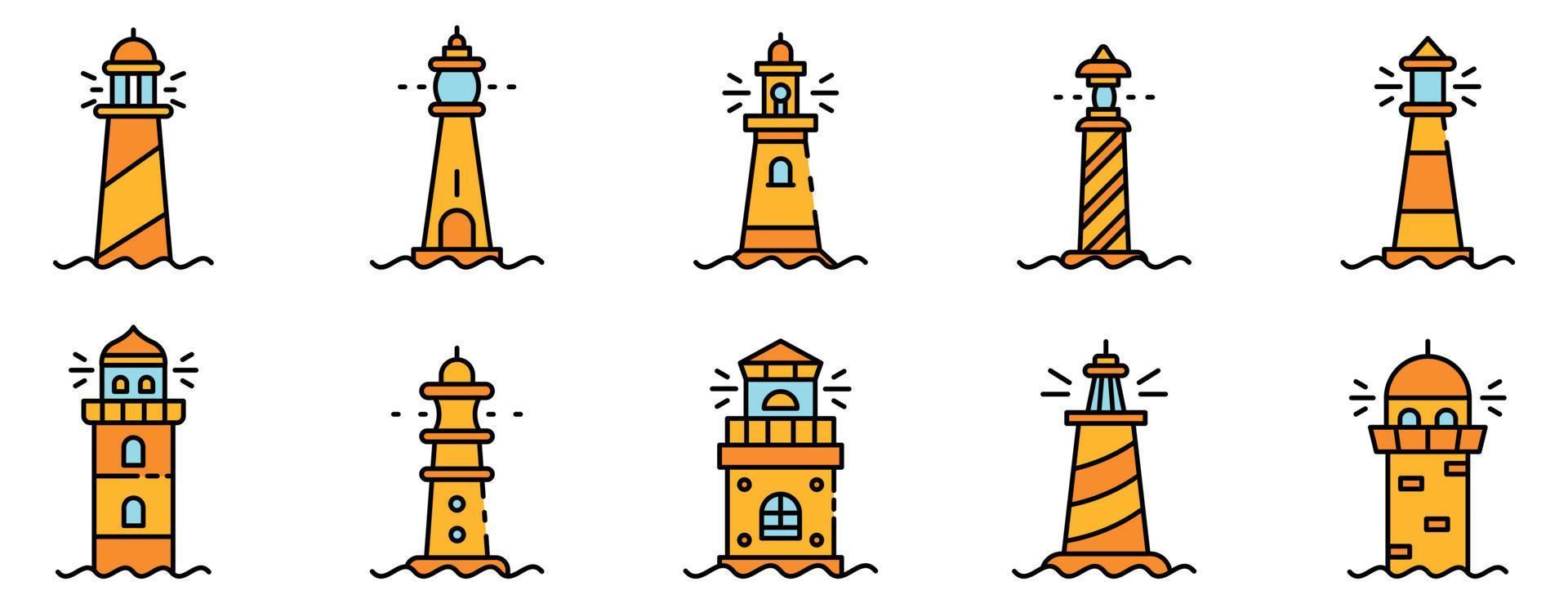 faro, iconos, conjunto, línea, color, vector