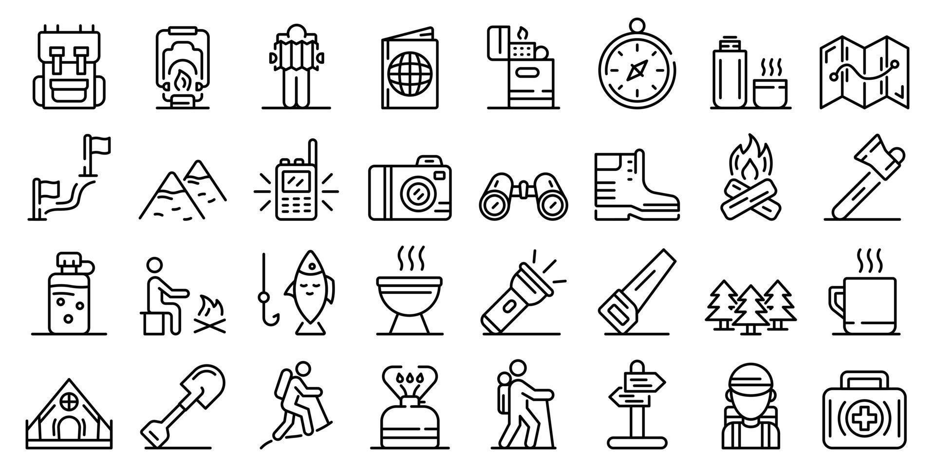 Hiking icons set, outline style vector
