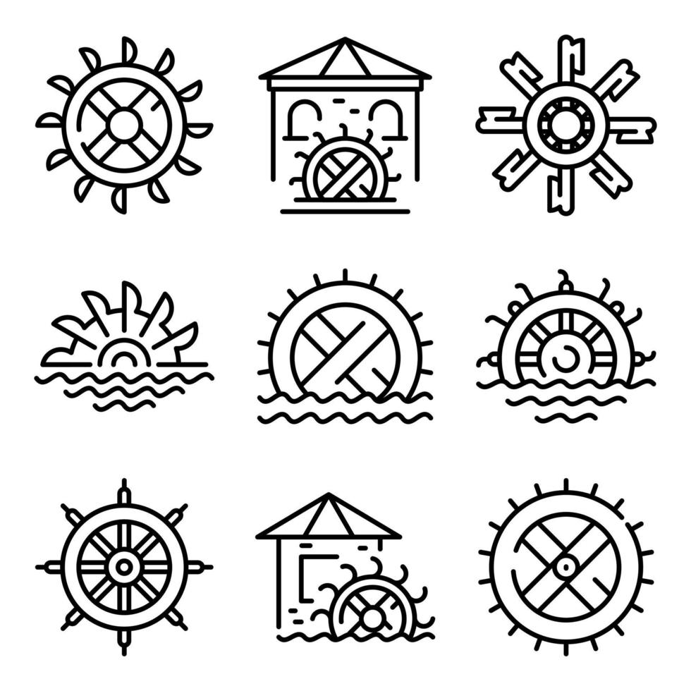 Water mill icons set, outline style vector