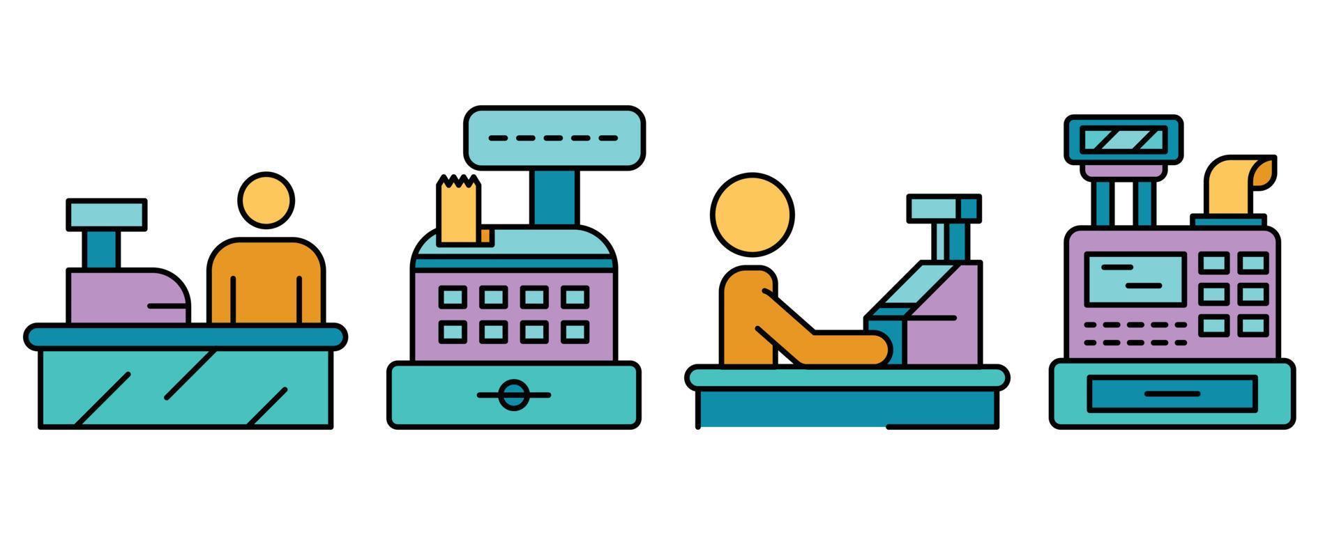 Cashier icon set line color vector