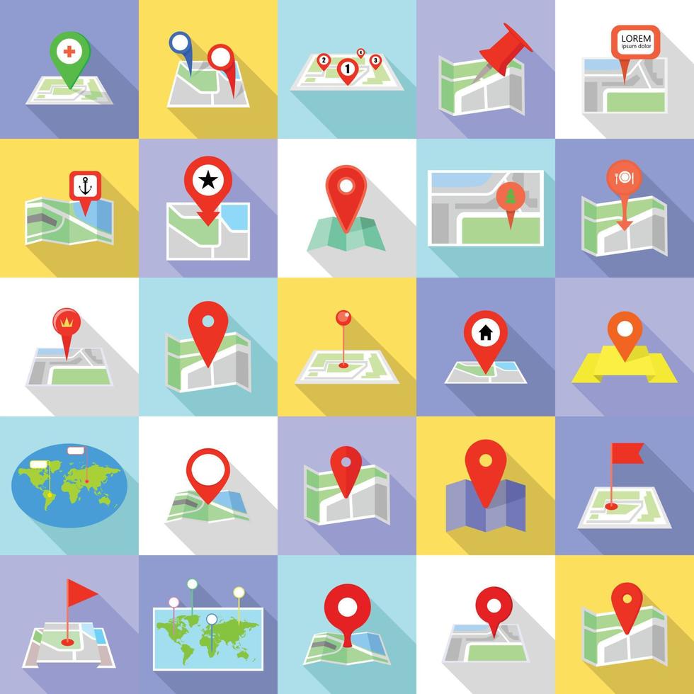 Map pointer icons set, flat style vector
