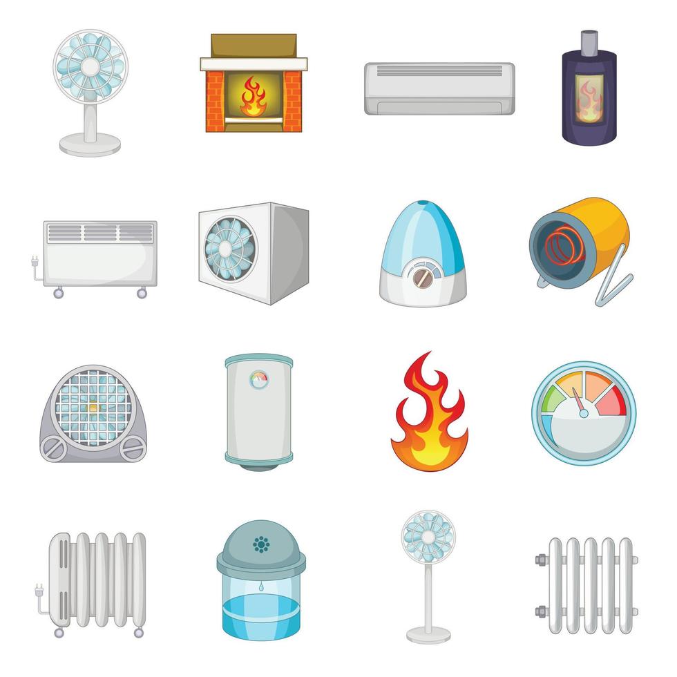 Heating cooling icons set, cartoon style vector