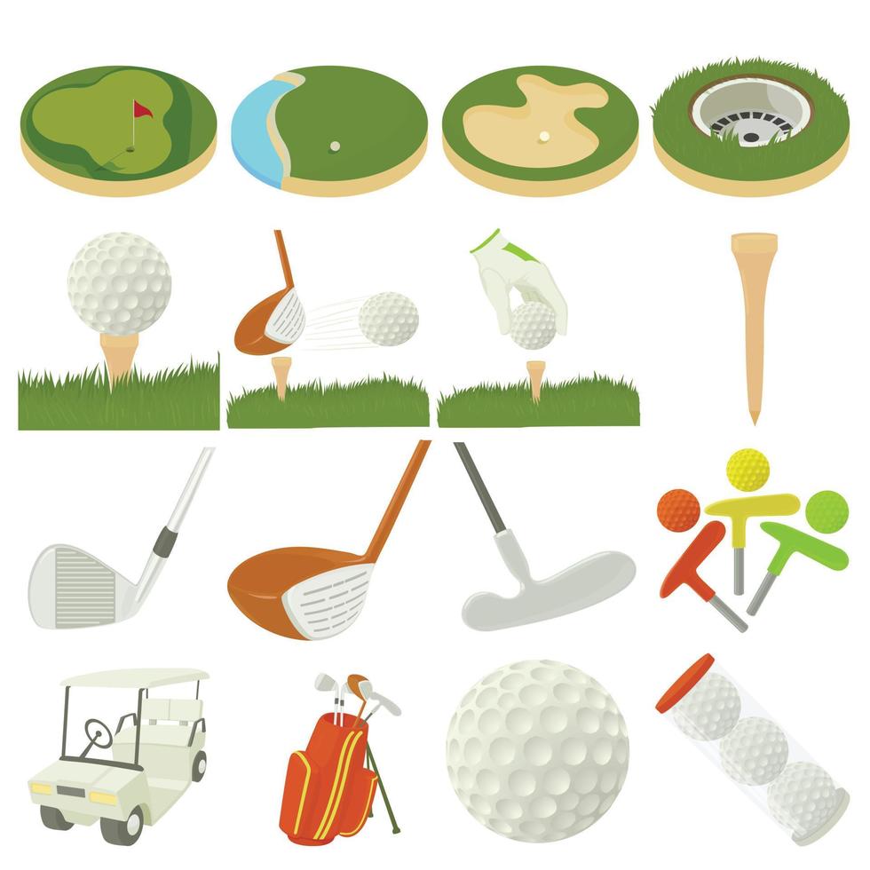 Conjunto de iconos de artículos de golf, estilo de dibujos animados vector