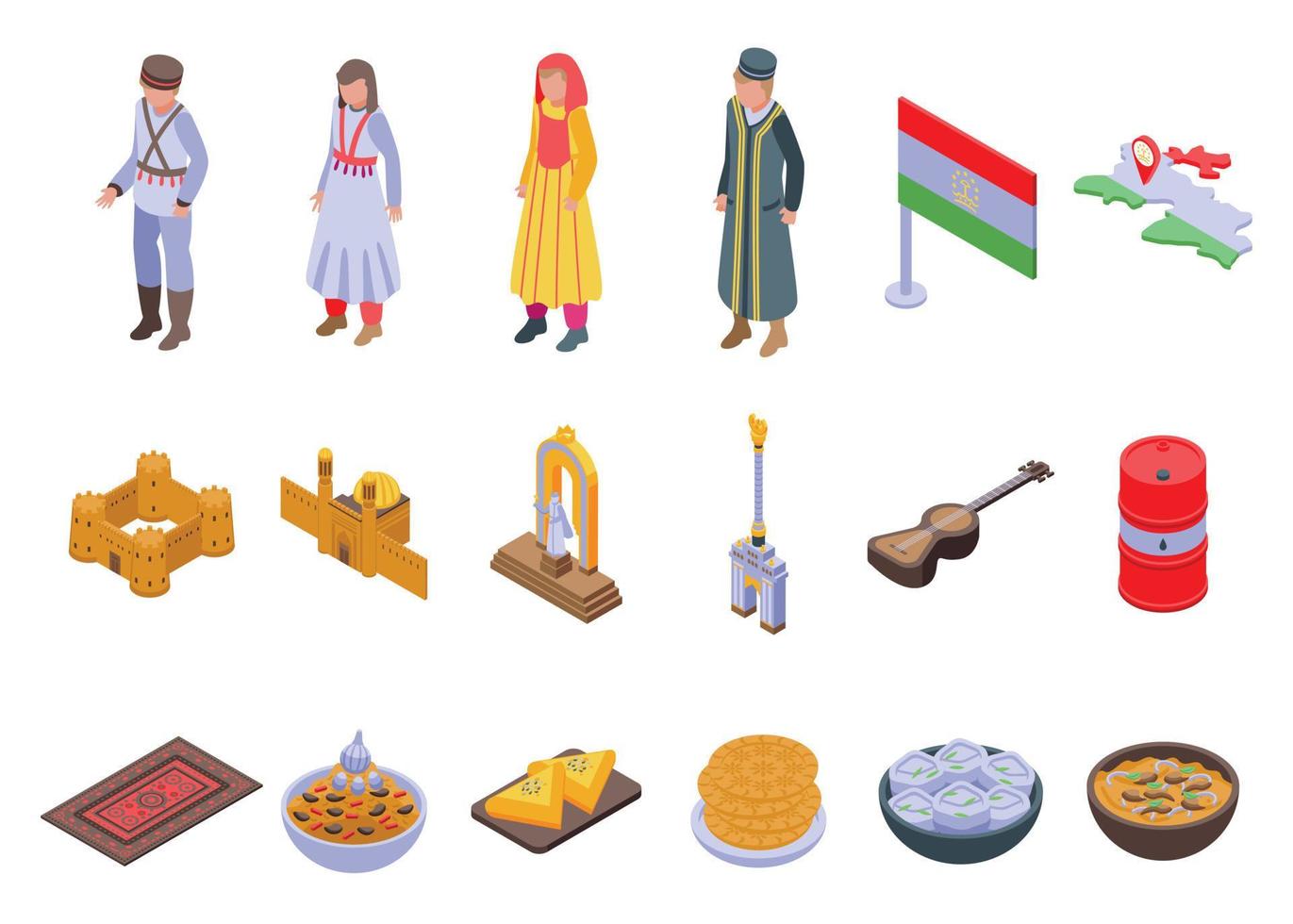 Tajikistan icons set isometric vector. Asia architecture vector