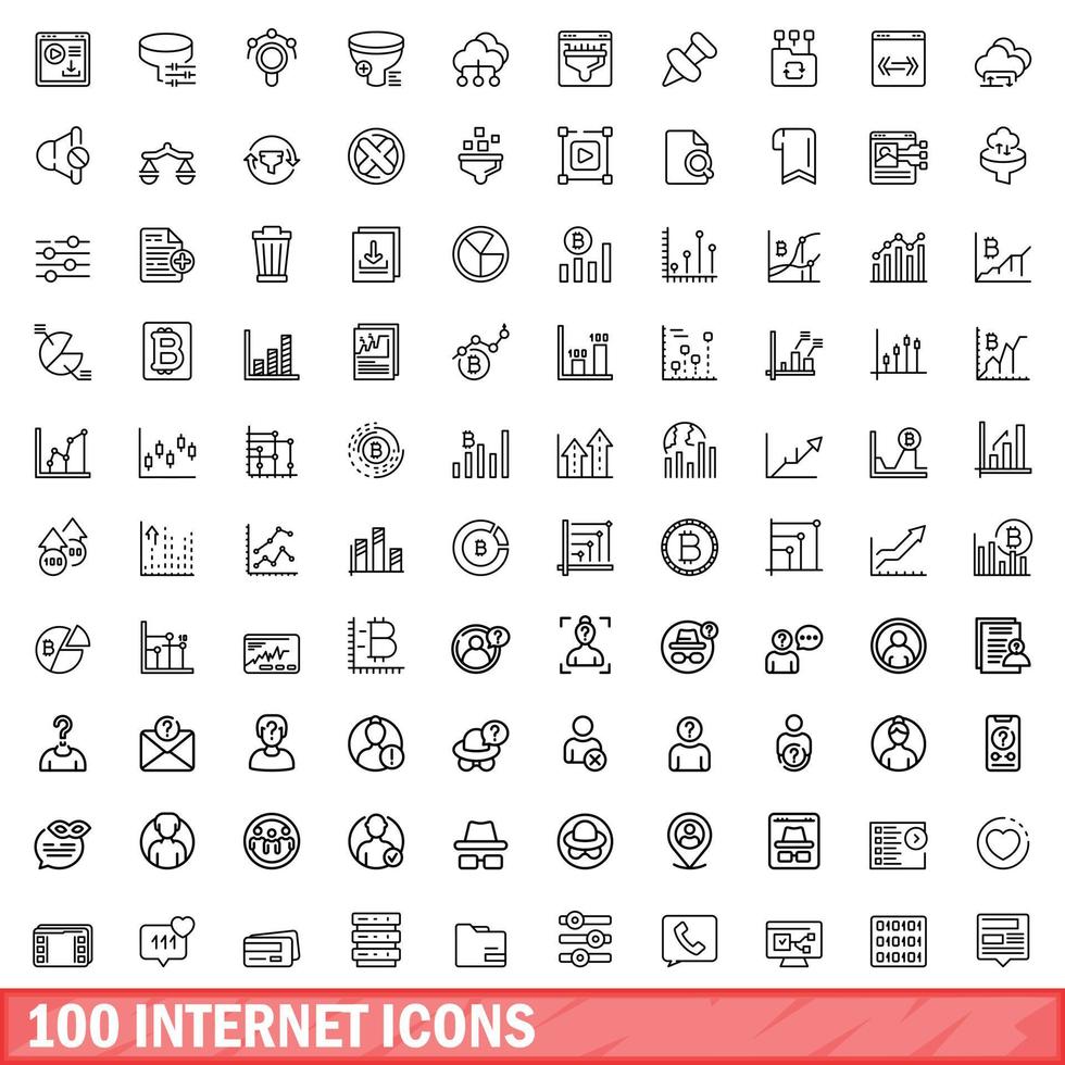 100 internet icons set, outline style vector