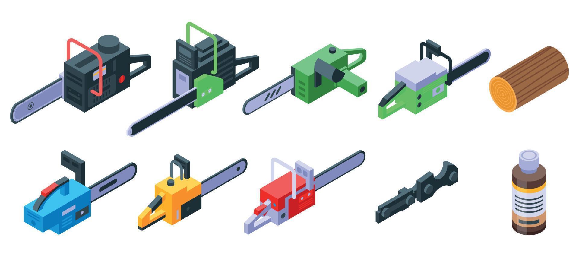 Chainsaw icons set, isometric style vector