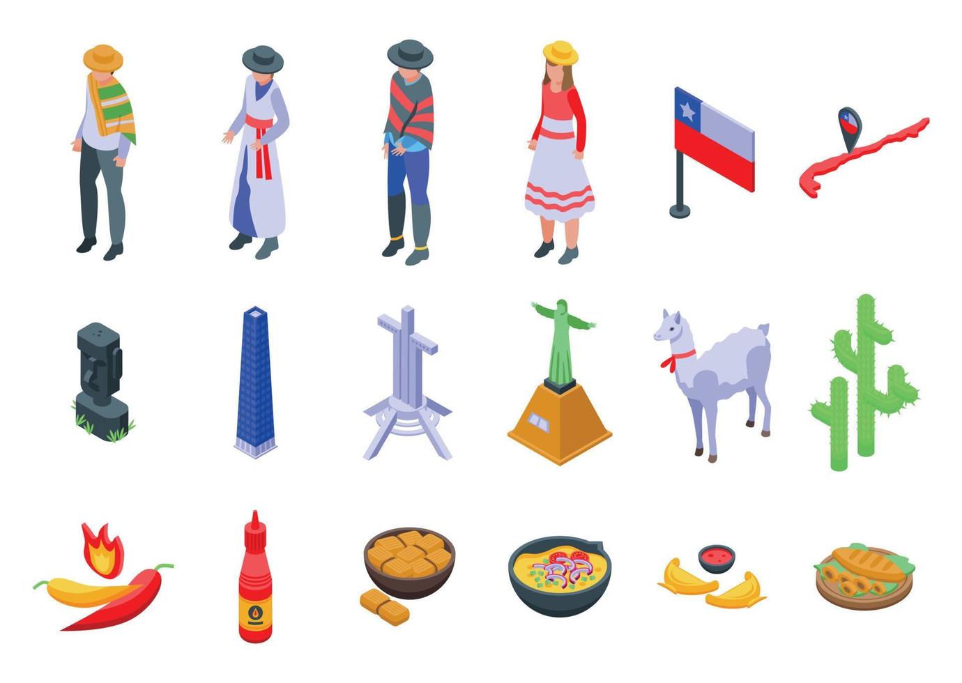 Chile icons set isometric vector. Map adventure vector