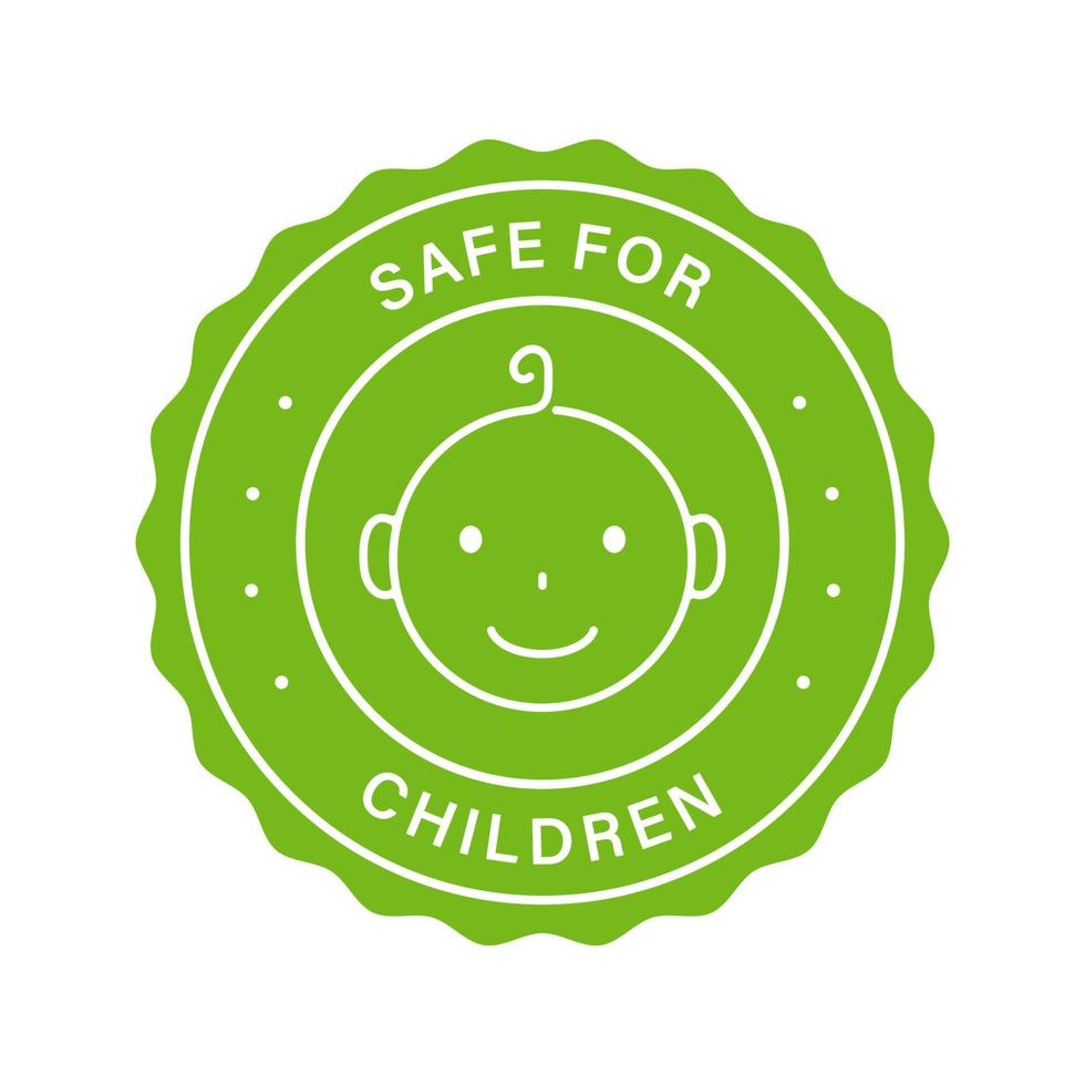 sello de producto infantil de seguridad. seguro para niños etiqueta verde. material no tóxico para pegatina infantil. símbolo de cuidado de niños. señal de comida para bebés en el menú del restaurante. logotipo apto para niños. ilustración vectorial aislada. vector