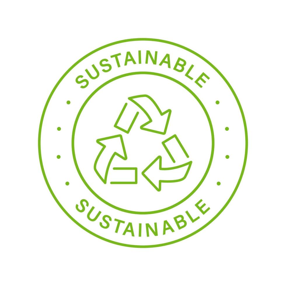 Sustainable Line Green Stamp. Sustainability Nature Outline Sticker. Eco Recycle Label. Arrow Sustainable Symbol. Biodegradable Food Product Seal. Zero Waste Sign. Isolated Vector Illustration.