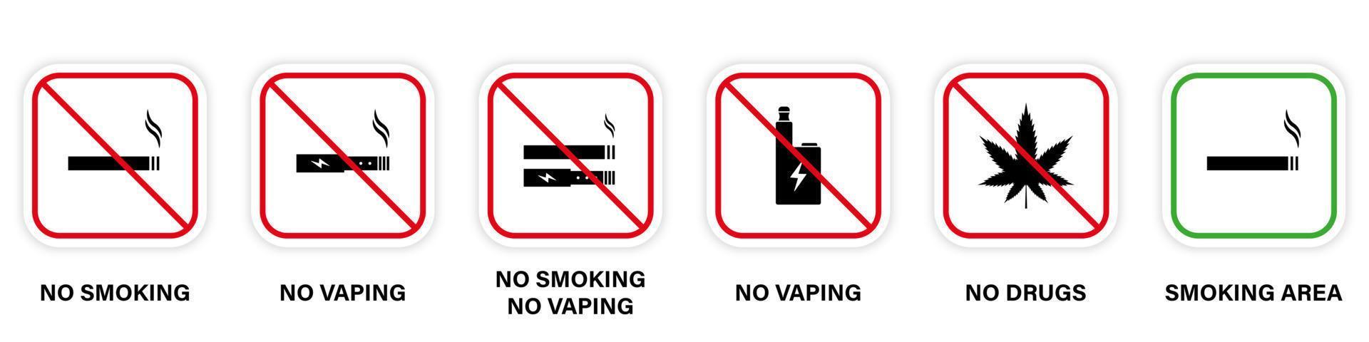 zona de prohibición fumar marihuana vape signo de cigarrillo. aviso permita el pictograma verde del área de humo. símbolo de parada roja prohibido fumar. conjunto de iconos de silueta de cannabis prohibido fumar. ilustración vectorial aislada. vector