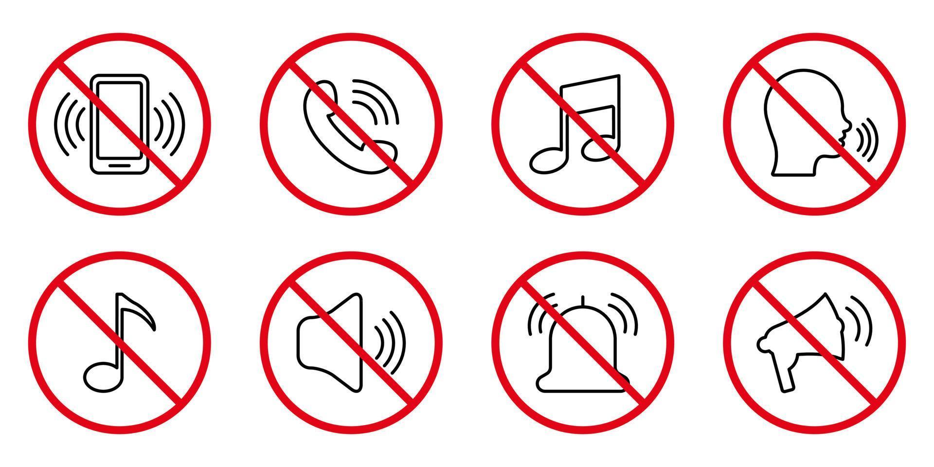 Ban Loud Sound Voice Black Line Ban Icon Set. Forbidden Noise Phone Loudspeaker Sound Outline Pictogram. Call Red Stop Symbol. Notice Silence Quiet Mode Sign. Isolated Vector Illustration.