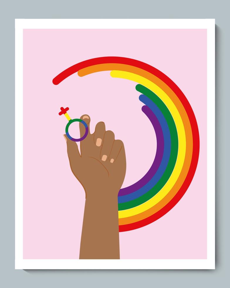 mano negra con símbolo de género lgbt y semicírculo de arco iris vector