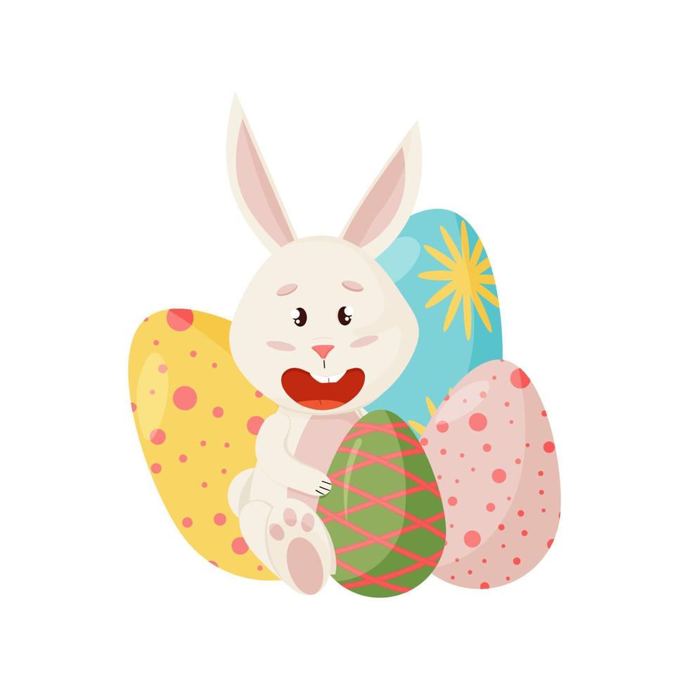 personaje de conejito. sentado y riendo divertido, feliz conejo de dibujos animados de pascua sosteniendo huevos, vector