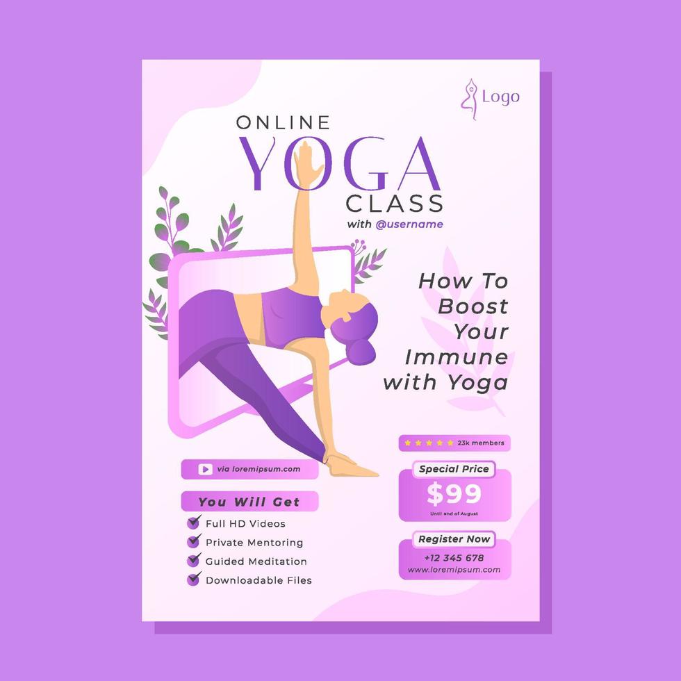 plantilla de póster de clase de yoga en línea vector