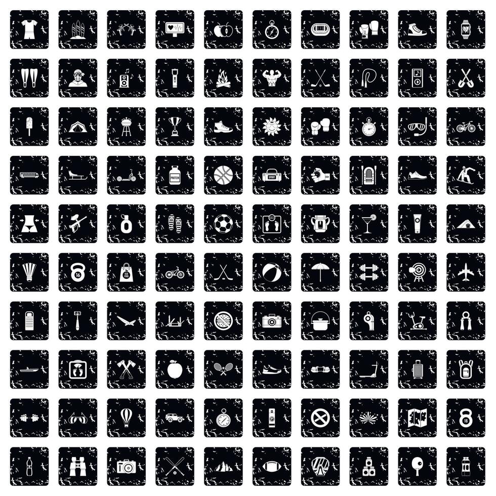 100 active life icons set, grunge style vector