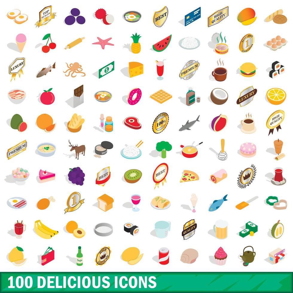 100 delicious icons set, isometric 3d style vector