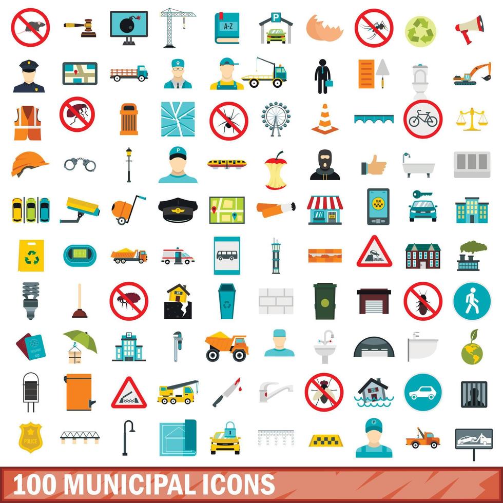 100 municipal icons set, flat style vector