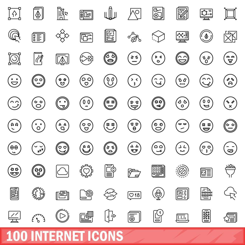 100 internet icons set, outline style vector