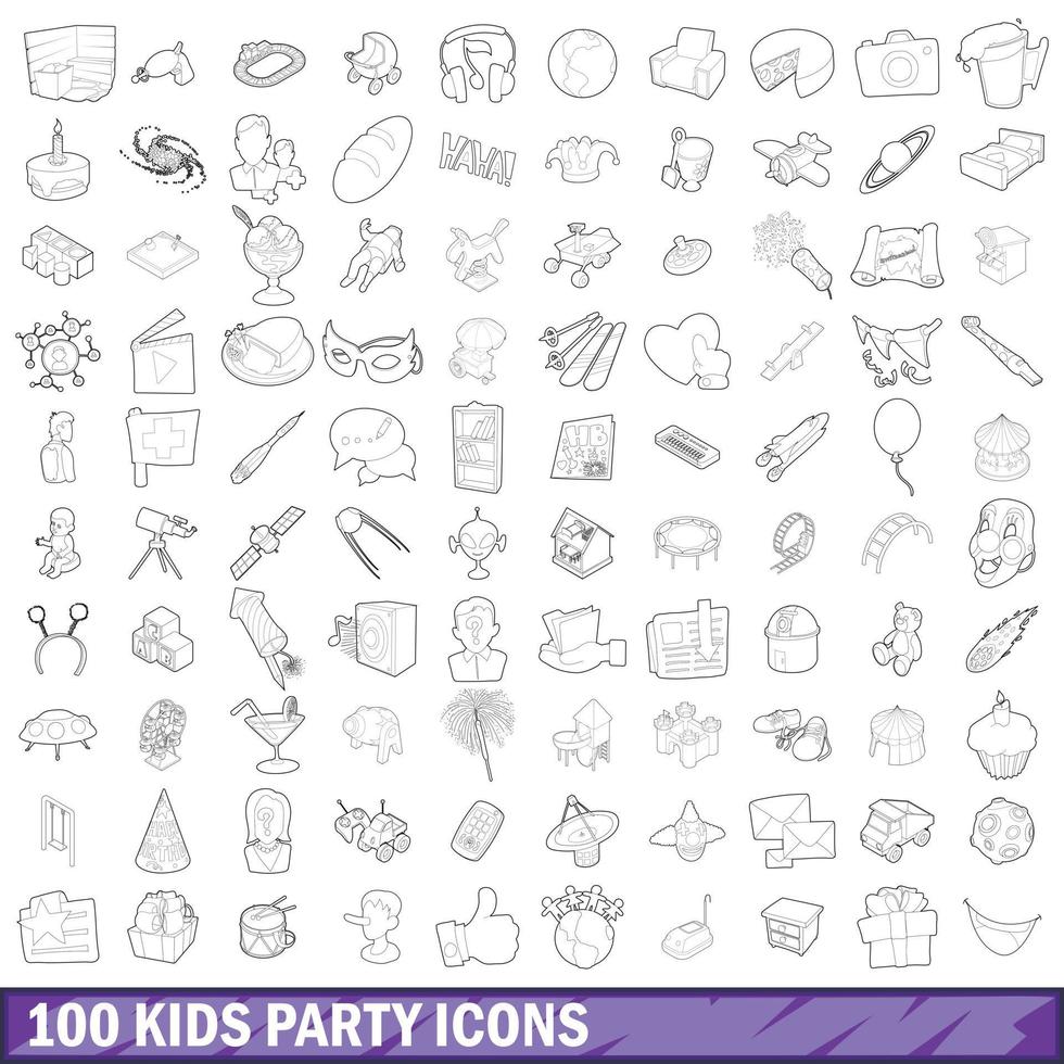 100 kids party icons set, outline style vector