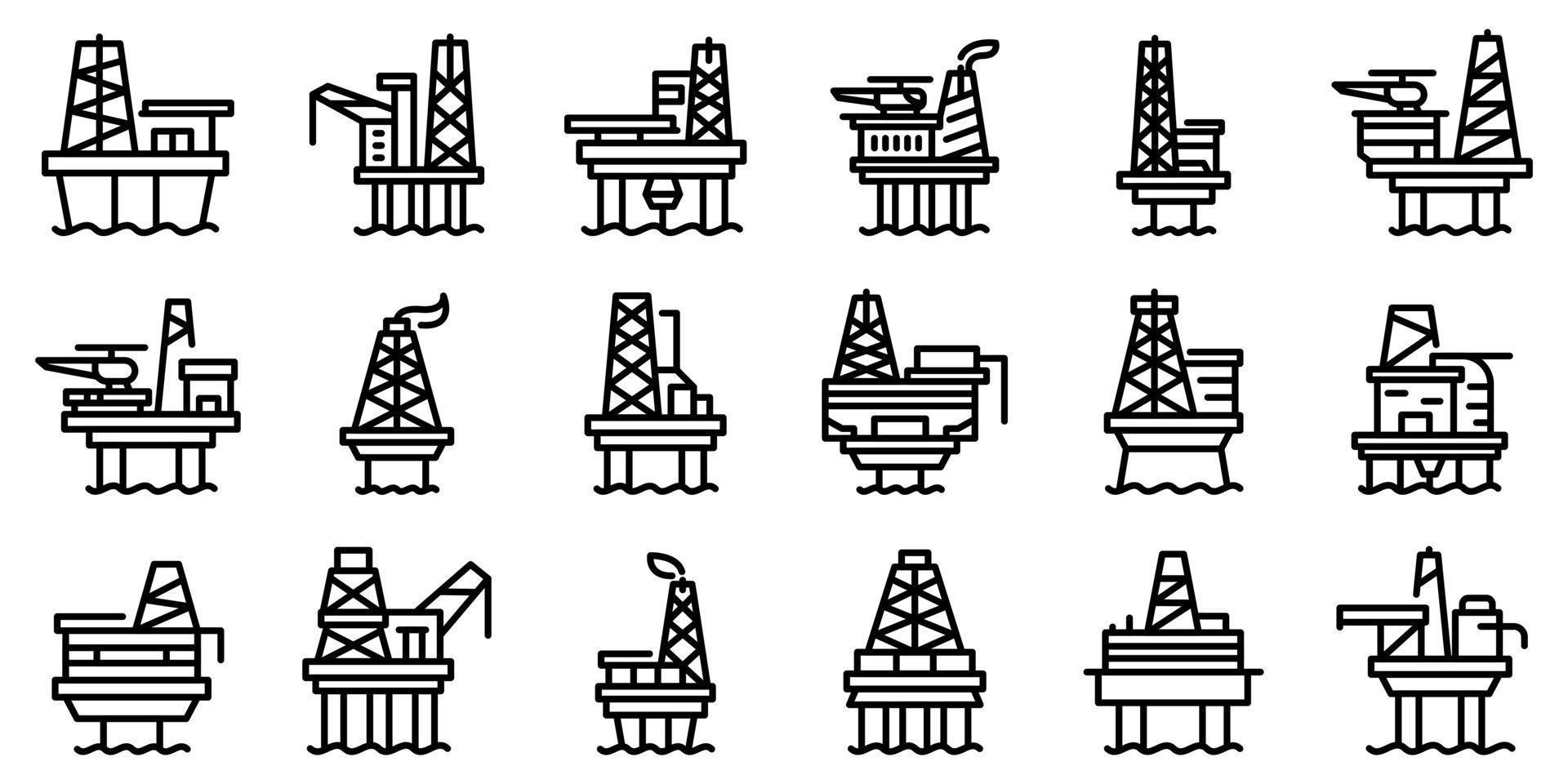 Sea drilling rig icons set, outline style vector