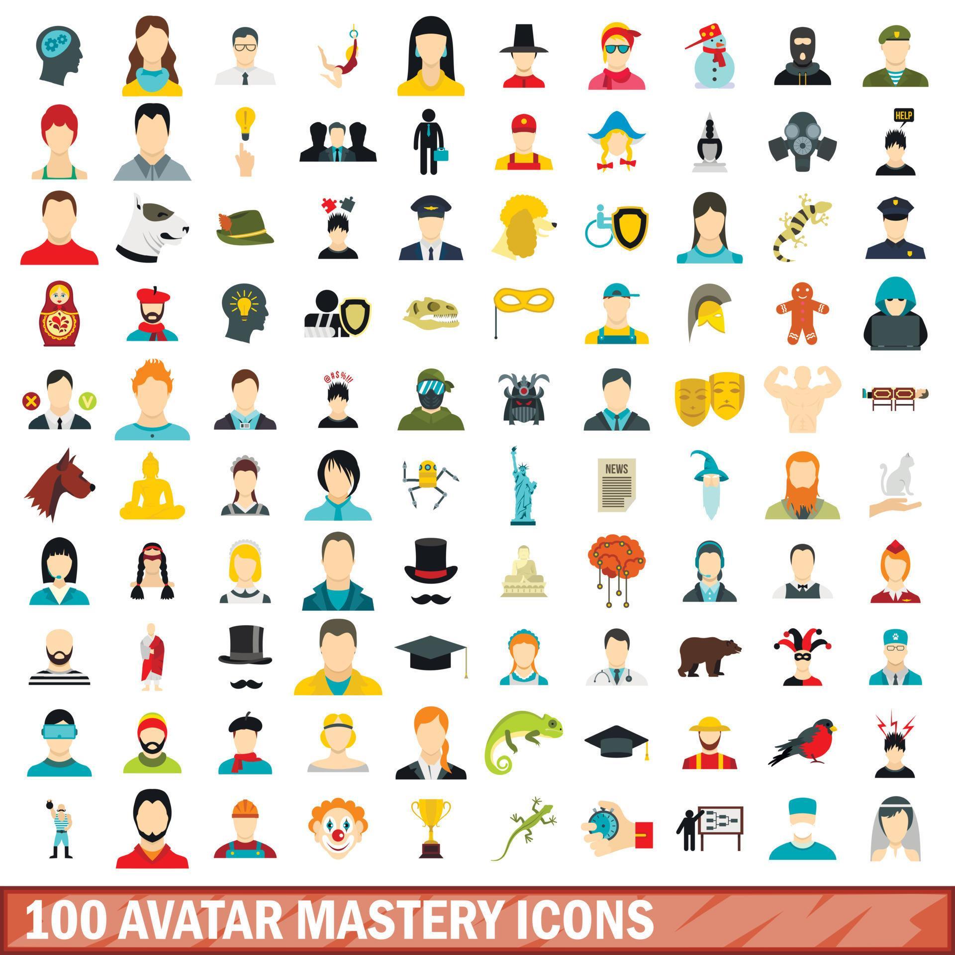 100 avatar mastery icons set, flat style 8603878 Vector Art at Vecteezy