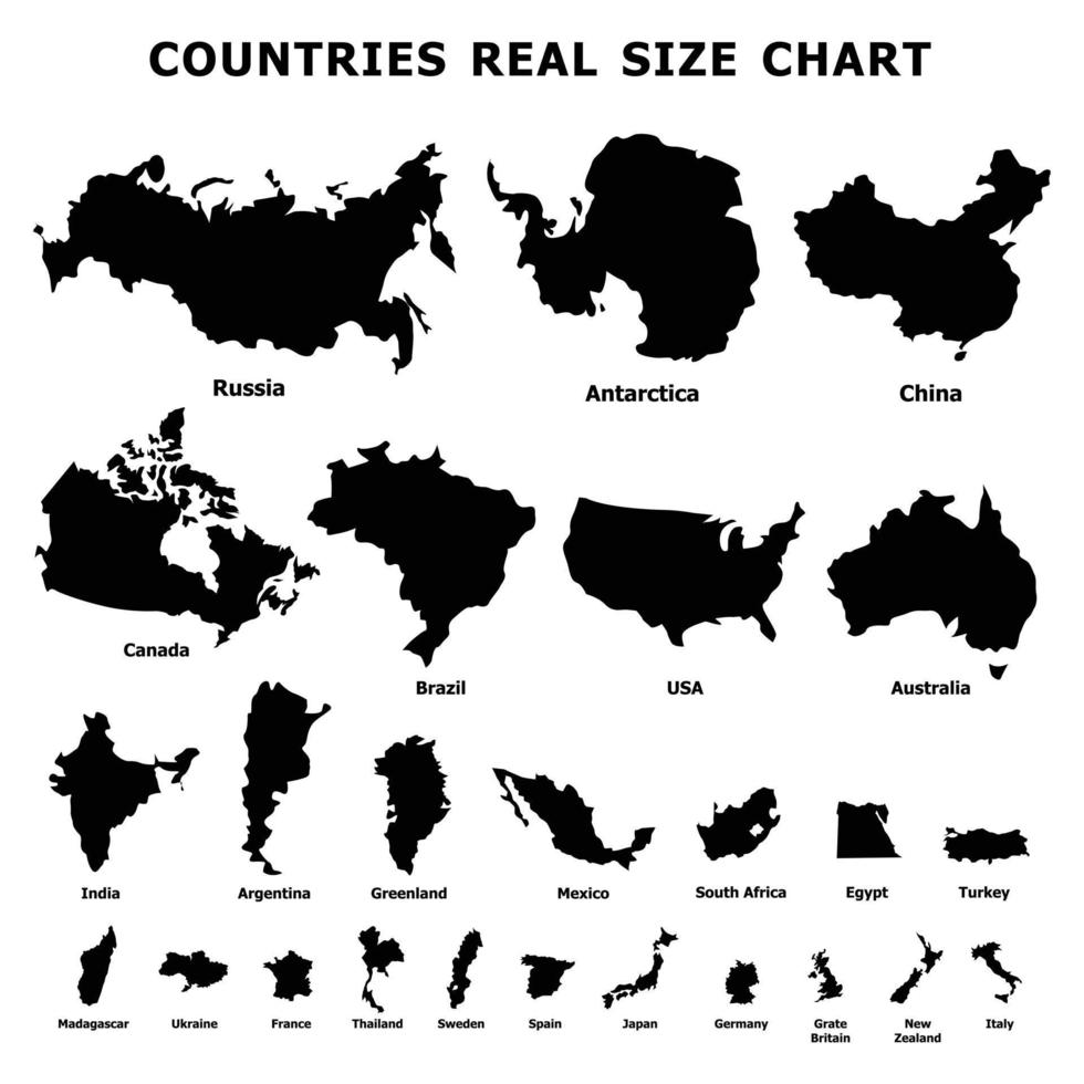 Countries real size chart icons set, simple style vector