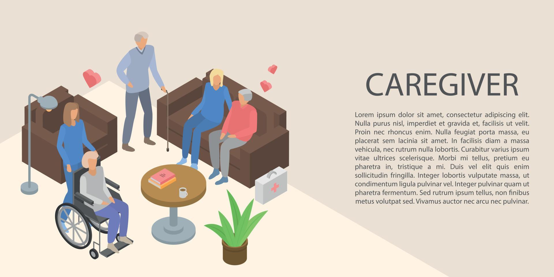 Caregiver concept banner, isometric style vector