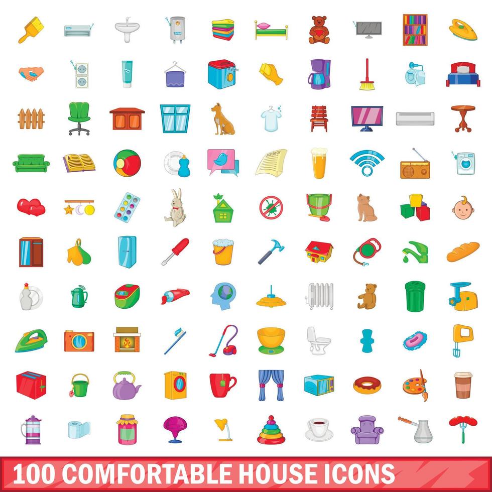 100 casa cómoda, conjunto de iconos de estilo de dibujos animados vector