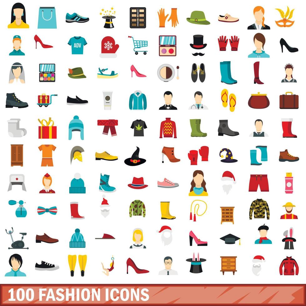 100 fashion icons set, flat style vector