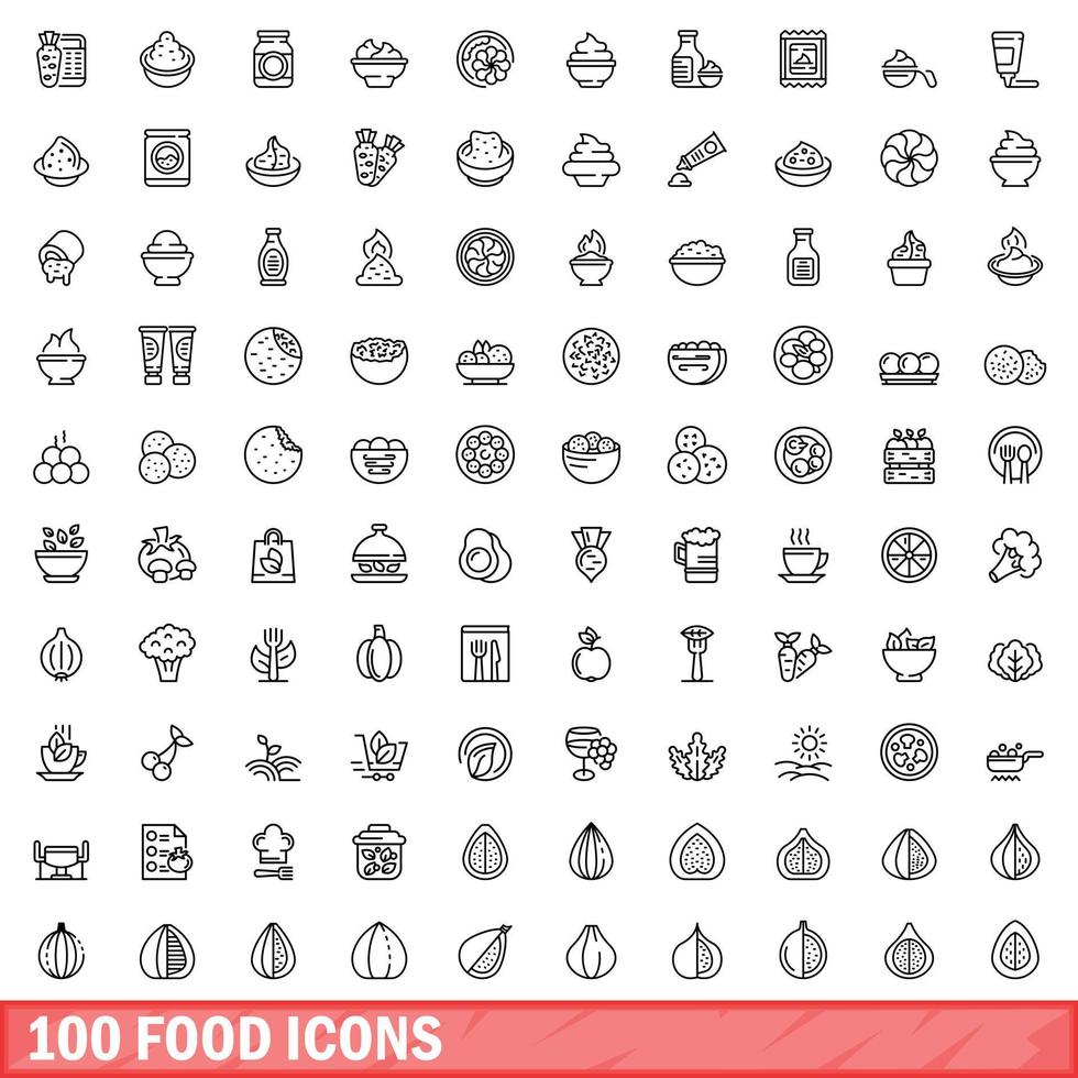 100 food icons set, outline style vector