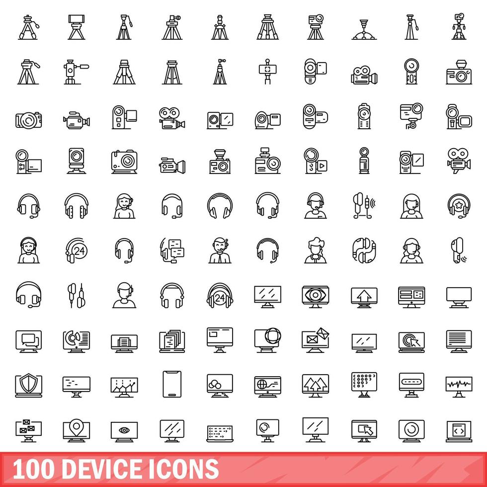 100 iconos de dispositivos establecidos, estilo de esquema vector