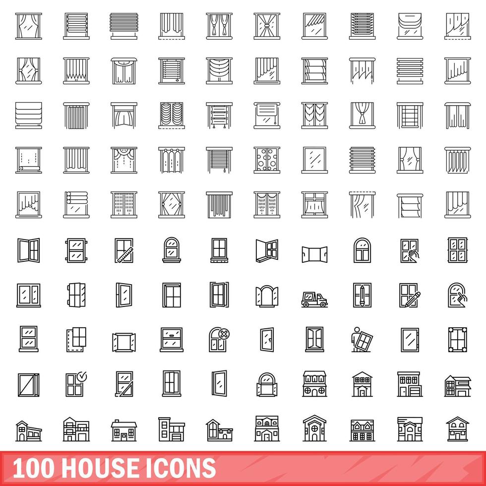 100 house icons set, outline style vector