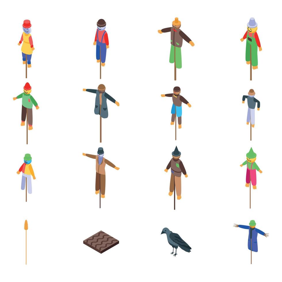 Scarecrow icons set, isometric style vector