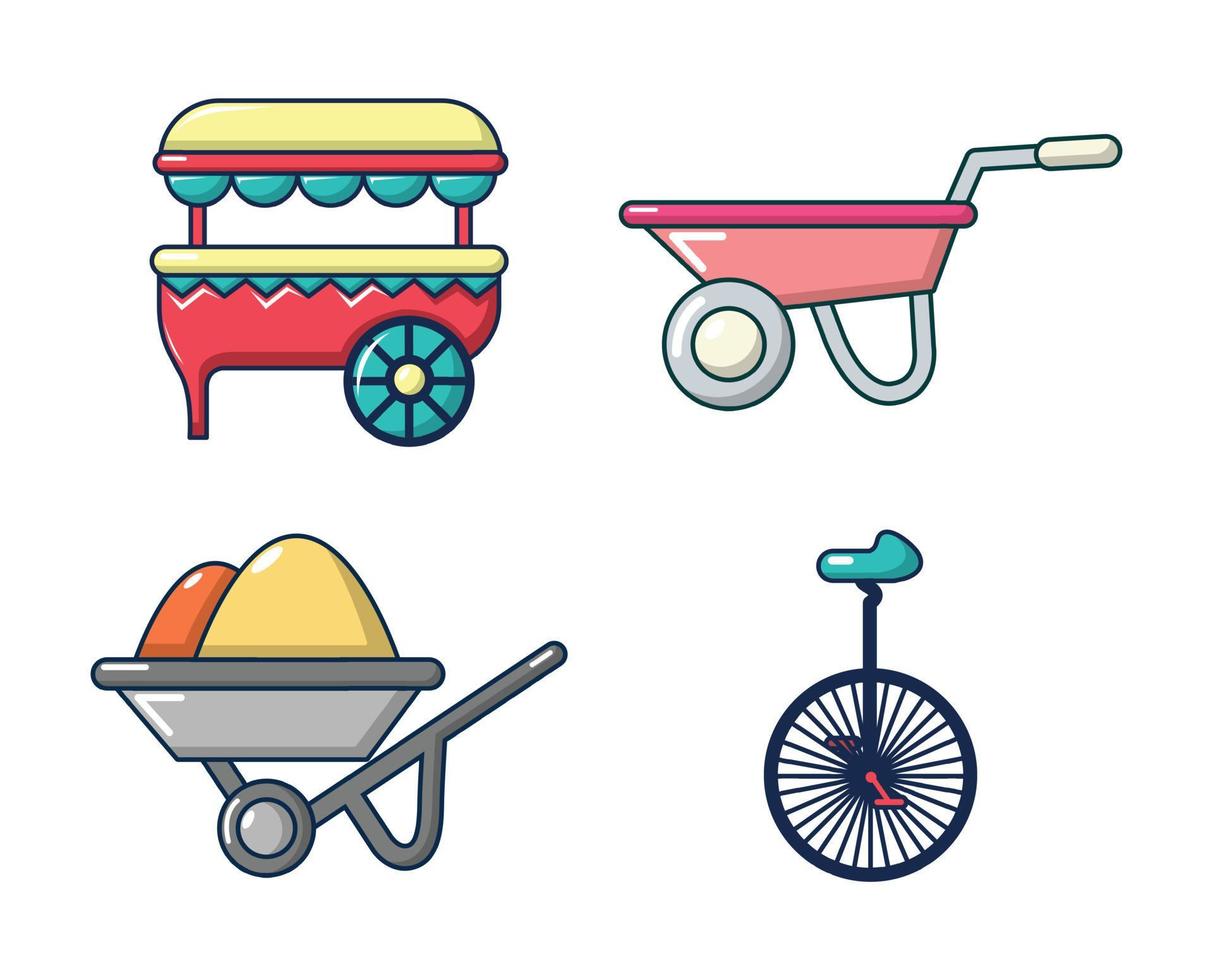 One wheel cart icon set, cartoon style vector