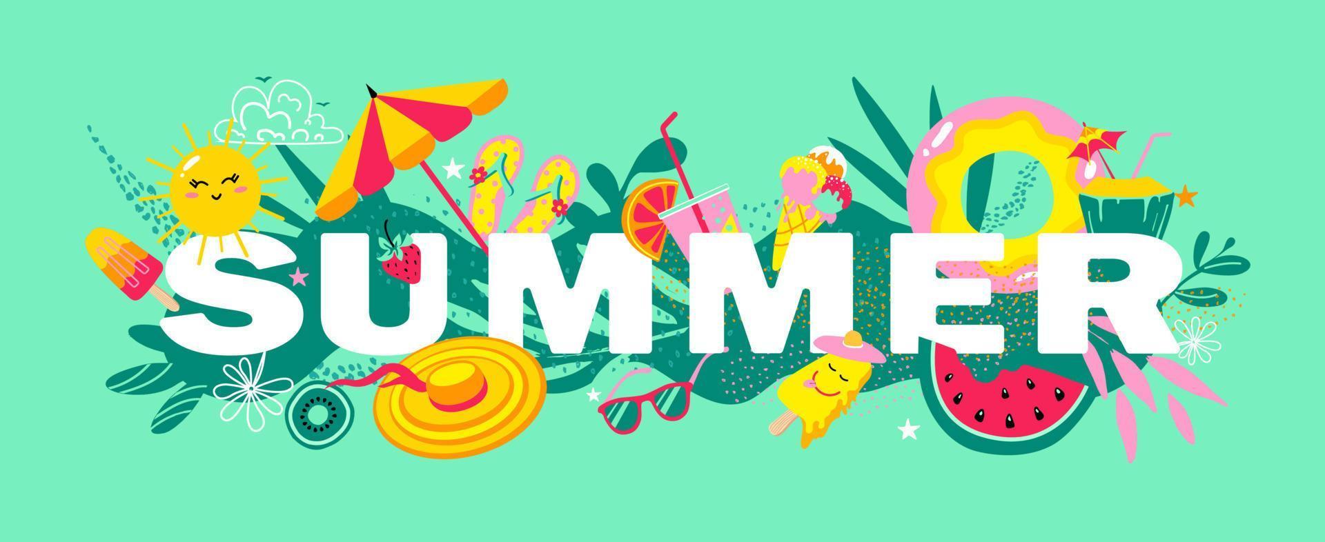 Summer mood vector banner template. Summer banner with elements such as sun, fruits, ice cream, umbrella, beach shoes and palm leaves.